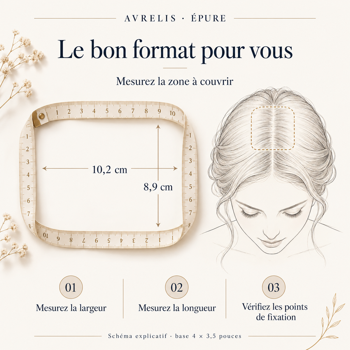 Guide de mesure illustré Avrelis — base environ 10,2 × 8,9 cm